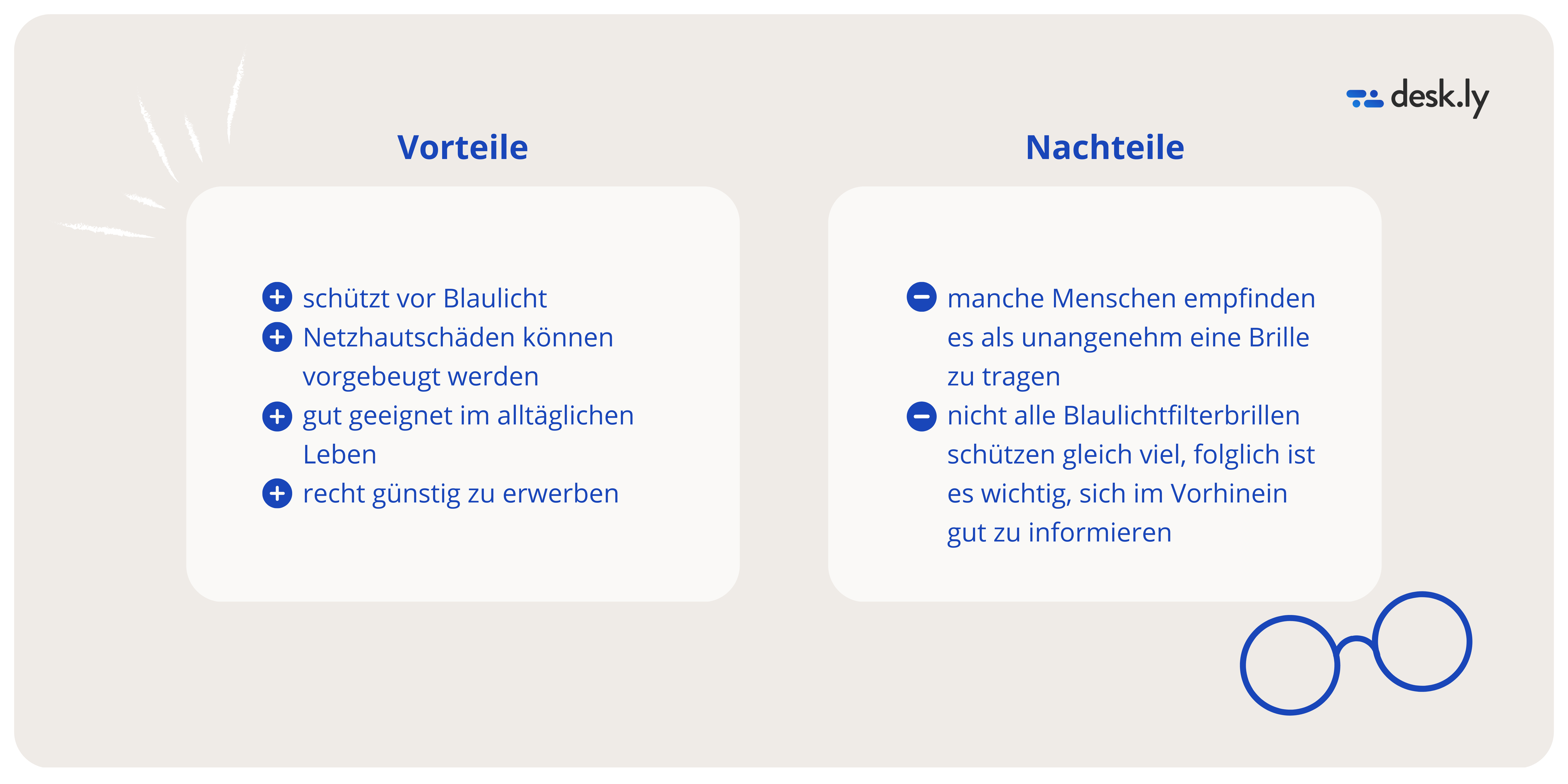 + schützt vor Blaulicht + Netzhautschäden können vorgebeugt werden + gut geeignet im alltäglichen Leben + recht günstig zu erwerben