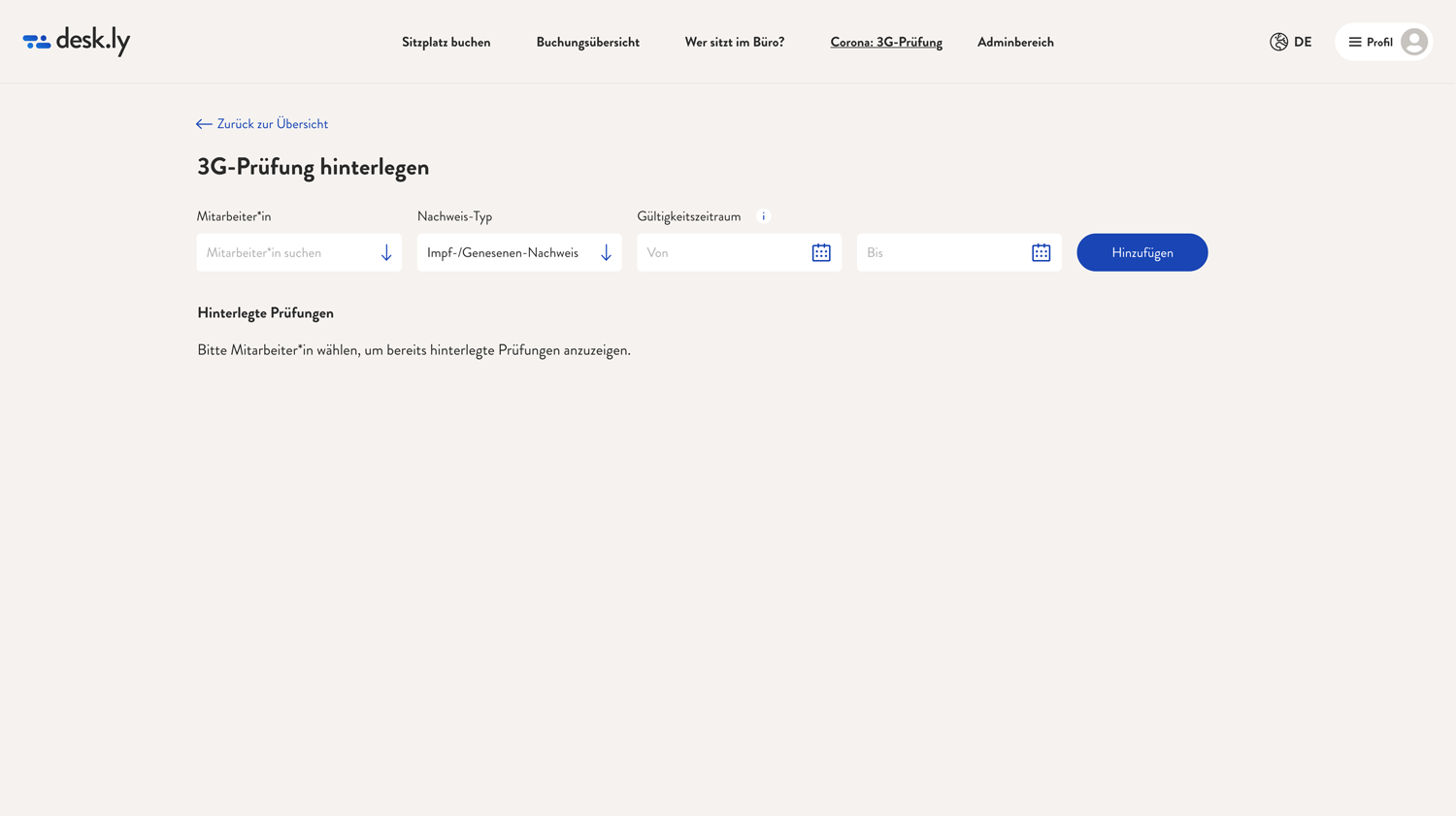 3G-Prüfung bei desk.ly hinterlegen