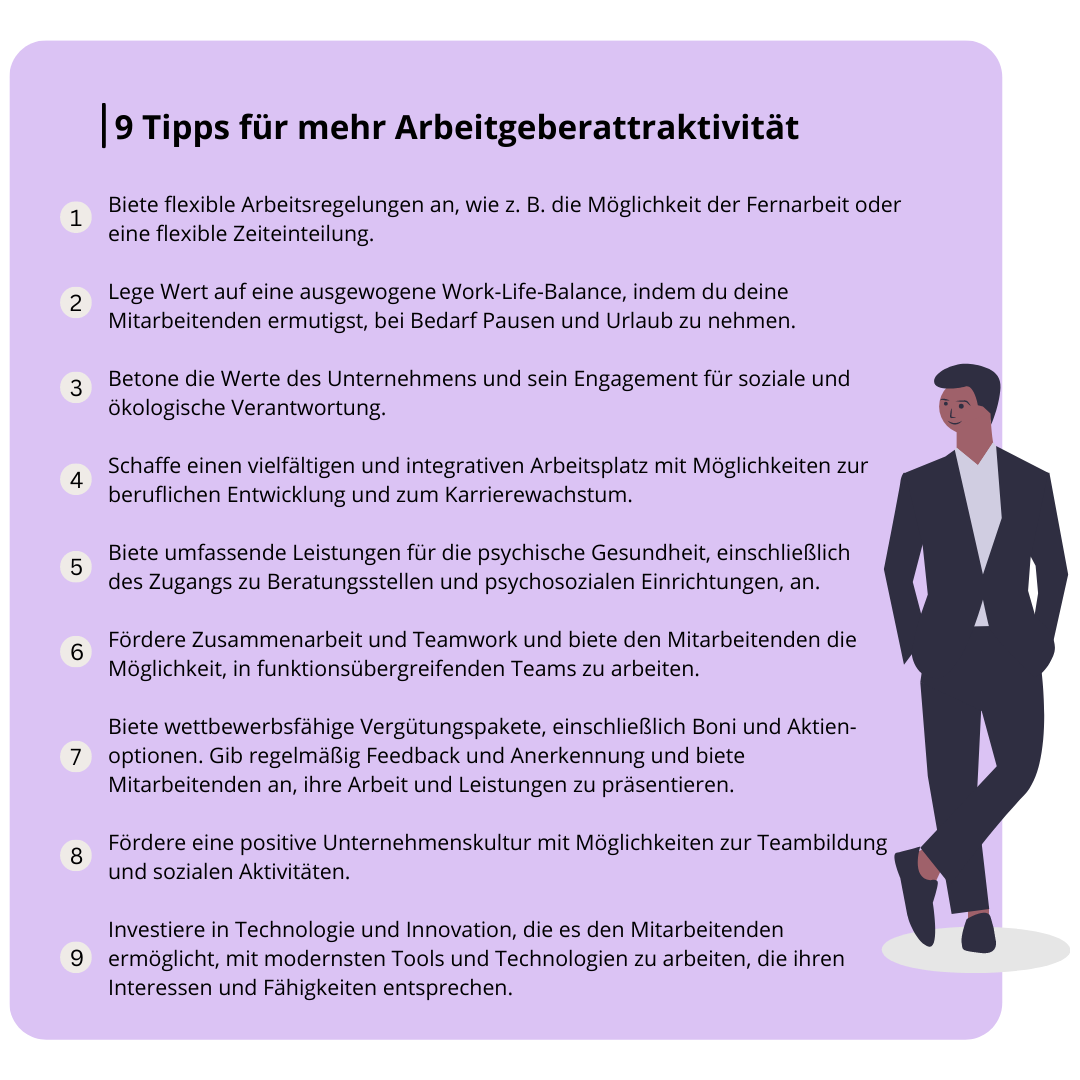 Biete flexible Arbeitsregelungen an, wie z. B. die Möglichkeit der Fernarbeit oder eine flexible Zeiteinteilung. Lege Wert auf eine ausgewogene Work-Life-Balance, indem du deine Mitarbeitenden ermutigst, bei Bedarf P-2