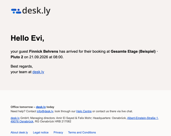 Hilfecenter Benachrichtigung Gast ist da Email EN