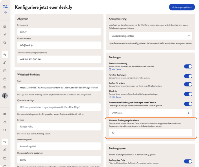 Screen Vorbuchungszeitraum einstellen