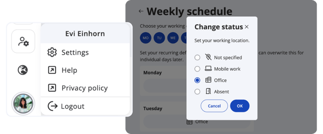 Weekly plan in the desk.ly personal settings, where users set their default status, such as office or mobile work, for each weekday.