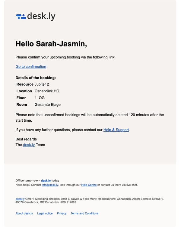 Users receive an email reminder to check in their desk.ly booking
