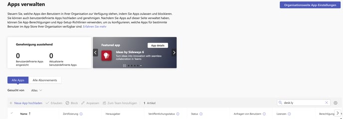 desk.ly im Teams Admin Bereich suchen