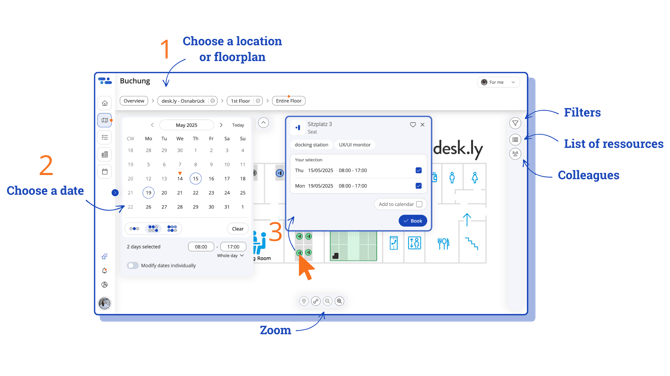the new desk.ly booking screen and how to book a desk